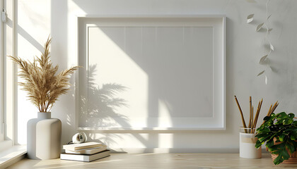 Poster - mockup frame in a clean, modern office setting. Emphasize simplicity and minimalism for a sleek design