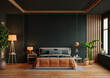 Orange bed and mockup dark green wall in bedroom interior- 3D rendering