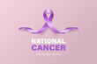 National Cancer Prevention Month, February. Banner, Card, Placard with Realistic 3D Vector Lavender Ribbon on Lavender Background. Cancer Awareness Month Symbol, Closeup. World Cancer Day Concept