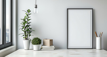 Poster - white frame mockup in a serene, well-organized office environment. Keep the design minimal and clean with a tidy table
