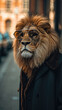 Regal lion roams urban streets in refined attire, epitomizing street style.