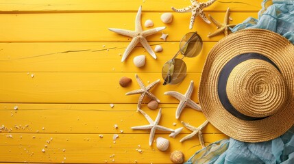 Wall Mural - Summer Fun: Yellow Beach Accessories on Wooden Table with Ocean View