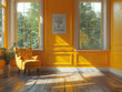 Empty sunny room with yellow walls and chair 