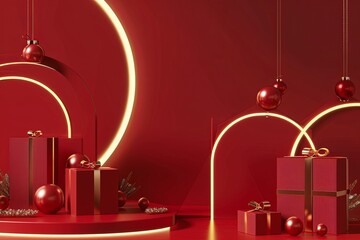 Elegant gift boxes and glowing arches on red backdrop. Luxurious Christmas decorations with a touch of sophistication