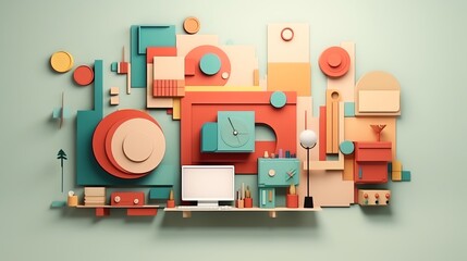 3D illustration of a variety of objects and shapes in muted colors with a retro and whimsical style.