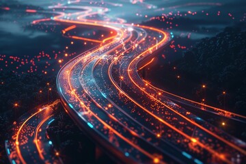 Wall Mural - A highway with a long, curving road with many lights on it