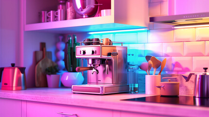 Surreal coffee maker in colorful kitchen. Coffee machine minimal style. Espresso machine coffee drinks. Generate AI.