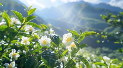 Wall Mural - Tea flowers with white petals and yellow centers bloom in the natural tea forest under the sun
