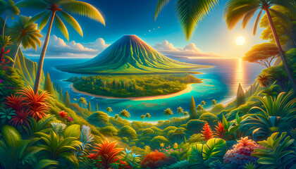 Wall Mural - A tropical paradise with pristine beaches, turquoise waters, lush palm trees, and vibrant wildlife, offering a serene and breathtaking escape into nature’s beauty.