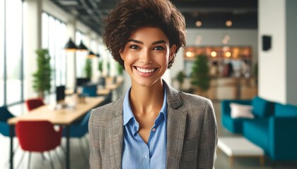 Wall Mural - A portrait of a joyful young woman with short curly hair, wearing a smart casual outfit, in a modern office setting.
