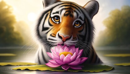 A close-up of a tiger’s face, holding a vibrant lotus flower in its mouth, beside a peaceful pond.