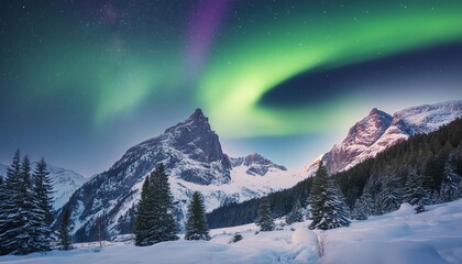 Wall Mural - fantastic winter night scenery northern lights aurora borealis in the mountains night nature landscape with polar lights night winter landscape with aurora creative image