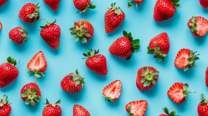 Wall Mural - Close-up shot of strawberry slices and whole strawberries arranged in a fun pattern, shot from above on a cyan blue background, isolated