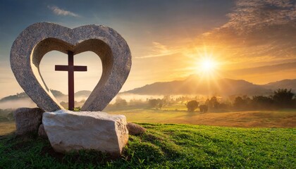 Wall Mural - easter religious concept heart shape of empty tomb stone with the cross over meadow sunrise background