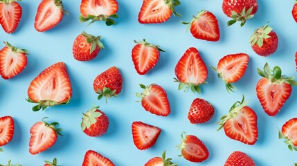 Wall Mural - Close-up of strawberry slices and whole berries shot from above, making a playful pattern on a bright Stream Blue Calm background