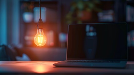 Poster - Attractive Laptop and glowing light bulb, Self learning or education knowledge and business
