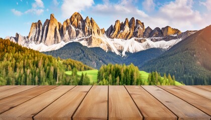 Wall Mural - the empty wooden brown table top with blur background of dolomite mountain exuberant image generative ai