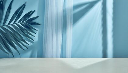 Wall Mural - minimal abstract light blue background for product presentation shadow of tropical leaves and curtains window on plaster wall