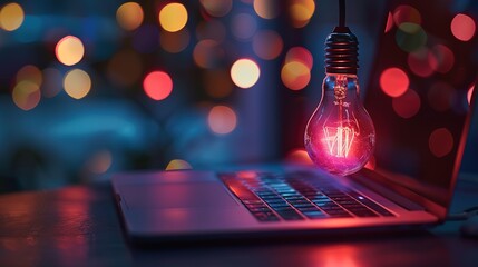 Poster - Beautiful Laptop with a light bulb on a wooden table in the evening