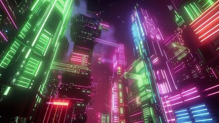 Wall Mural - a futuristic cityscape featuring a towering skyscraper, a bustling street with colorful lights, and a bustling river flowing through the center