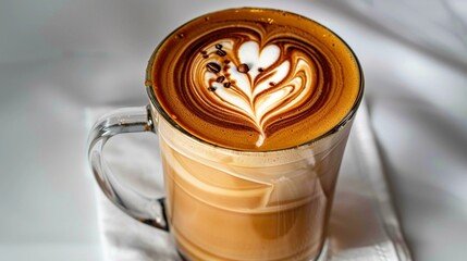 Wall Mural - Layered Latte Art, A tall glass mug filled with a latte featuring beautifully layered espresso and steamed milk