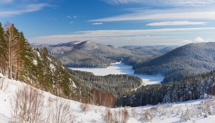 Wall Mural - taiga forest landscape with a lake and hills in winter