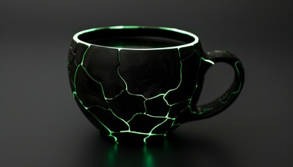 A coffee cup made of a dark, matte material with a network of glowing green lines embedded within the walls The lines illuminate the coffee inside, creating an ethereal glow