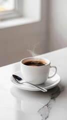 Wall Mural - Classic Coffee Still Life, A steaming mug of black coffee sits on a white plate with a saucer