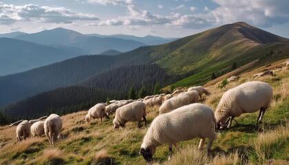 Wall Mural - sheep grazing on grassy hillside alpine scenery of ukrainian carpathians in late summer rolling nature landscape with forested hills