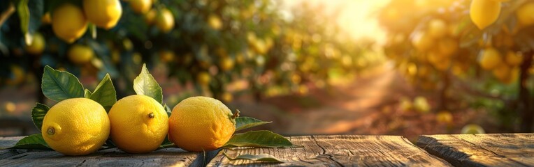 Wall Mural - Fresh Ripe Lemons with Leaves on Wooden Table - Harvest Food Fruits Photography Background with Blurred Lemon Plantation Landscape