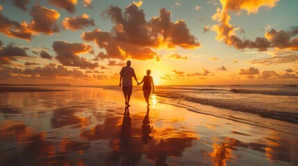 Golden Hour Serenity: Elderly Couple Walking Hand in Hand on Beach at Sunset, Capturing Lifelong Love and Peace