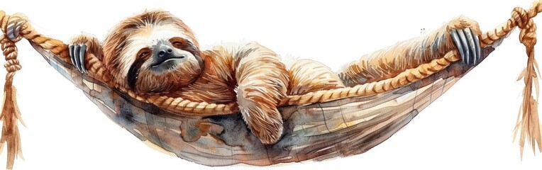 Cute Watercolor Sloth in Hammock: Funny Wildlife Animal Illustration for Logo or T-Shirt Design on White Background