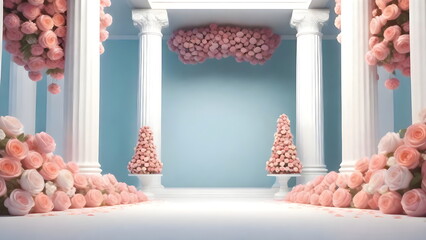 Wall Mural - Wedding decoration with flowers arch on blue classic wall backdrop