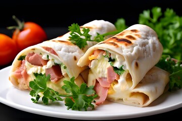 Wall Mural - Lavash roll with cheesy ham and parsley for a nutritious club sandwich