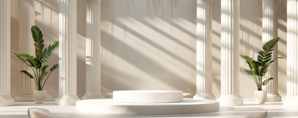 Wall Mural - Serene indoor podium with plant decor and soft shadows