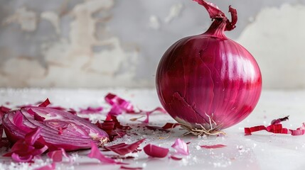Wall Mural - Red onion being peeled on a white surface