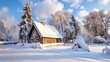 Traditional wooden house in the snow.