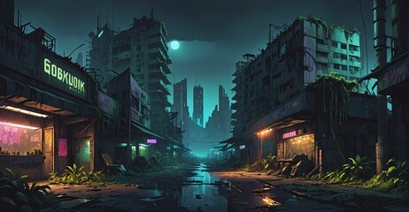 Wall Mural - Gothic cyberpunk sci-fi dystopian overgrowth city at night. Abandoned, aged, old overgrown town building exteriors. Wasteland slum dark cityscape.