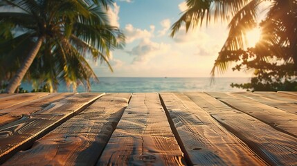Wall Mural - wooden table scene with coconut palm trees swaying in the ocean 