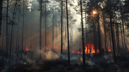 Wall Mural - This captivating photograph captures an advanced firefighting team in action amidst a forest engulfed in smoke and flames. The intense heat and smoke create dramatic shadows, adding to the urgency 