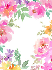  Watercolor illustration of pink flower frame,Botanical background with transparent watercolor,Watercolor illustration of a bird and wildflowers for invitation