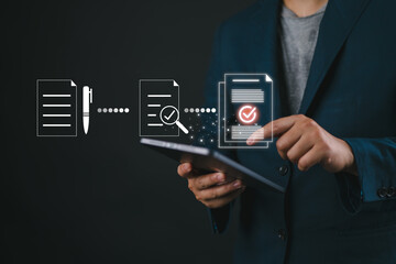 Poster - Businessman using tablet tick mark on virtual document for online approve paperless quality assurance and ERP management , Prepare check and approve concept.