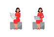 Set of businesswoman character vector design. Chinese woman working and reading newspaper in office illustration. Presentation in various action.