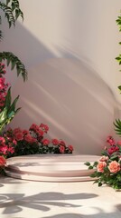 Wall Mural - Product podium with spring flower garden architecture outdoors. Beauty cosmetic product, perfume, and natural product placement pedestal present minimal display concept.