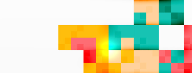 Aufkleber - A vibrant display of colorfulness with rectangles, triangles, and symmetrical patterns in magenta and electric blue tints. Artistic font on a white background