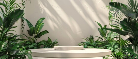 Wall Mural - Stone podiums with circular backdrops, bathed in warm light, perfect for sophisticated product displays and presentations. Template for advertising and product standing.