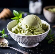 Matcha Green Tea Gelato, Vibrant Green Ice Cream, Cinematic Food Dessert Photography 