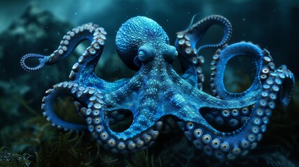 Wall Mural - blue octopus in the sea on coral, marine life