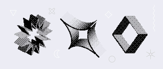 Poster - Bitmap textured shape set. Dither halftone objects collection. Black 3d square, star, rhombus elements for banner, poster, leaflet. Abstract pixelated raster effect bundle. Vector pack