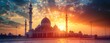 A mosque with a sunset behind it Islamic background. Islamic Mosque Against Stunning Sunset Sky. 
Mosque with Golden Sunset Background